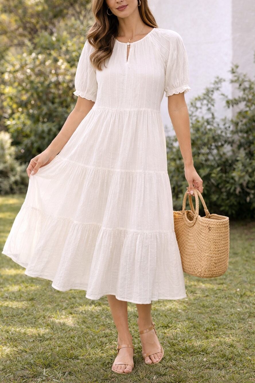 DOWNEAST Cream Textured Puff Sleeve Tiered Midi Dress Modest Cottagecore Medium